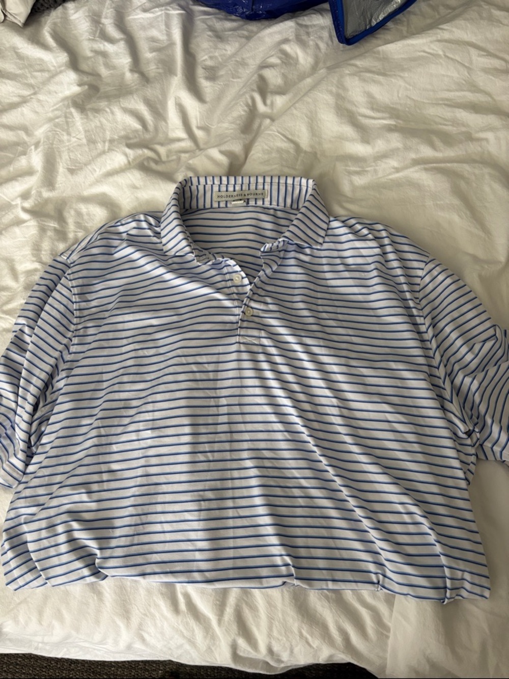 Holder was & Bourne Striped Polo Shirt in White and Blue